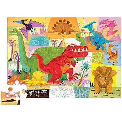 Puzzle infantil com ilustração colorida de dinossauros em um cenário natural