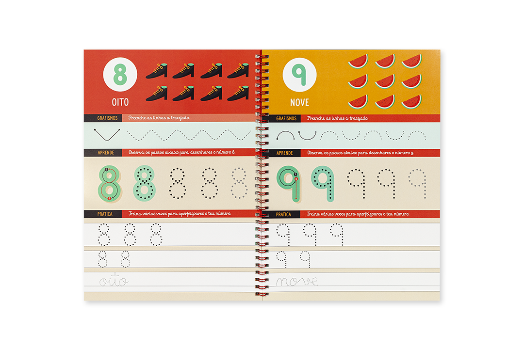 Livro educativo aberto mostrando os números 8 e 9 com exercícios de caligrafia, desenhos e instruções em português.