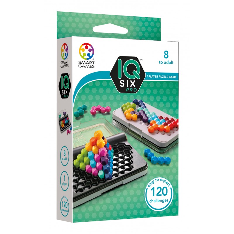 Jogo de puzzle IQ Six Pro da Smart Games com peças coloridas em caixa verde
