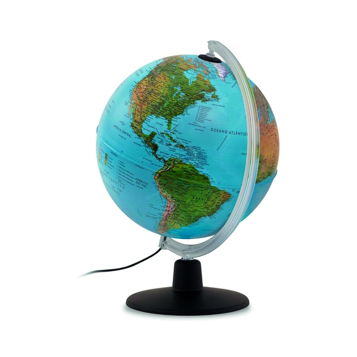 Globo terrestre azul com suporte preto e arco transparente mostrando continentes