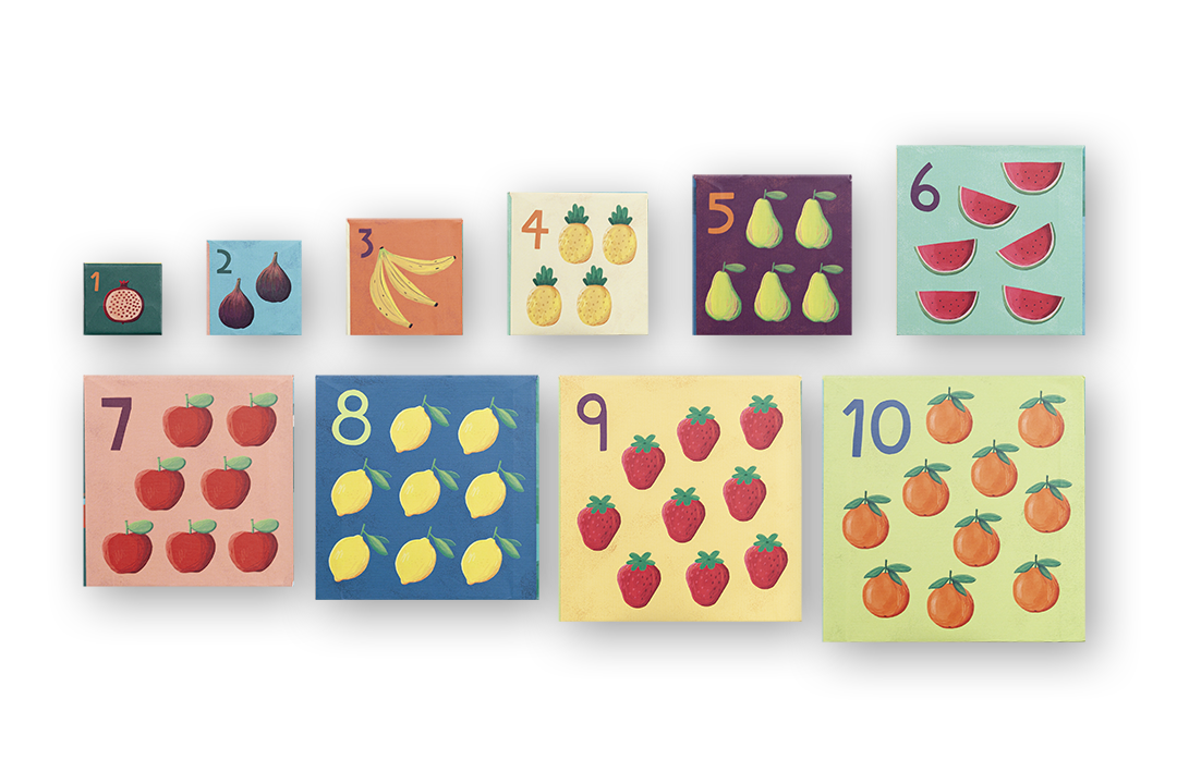 Cartões numerados com desenhos de frutas coloridas sobre fundo preto