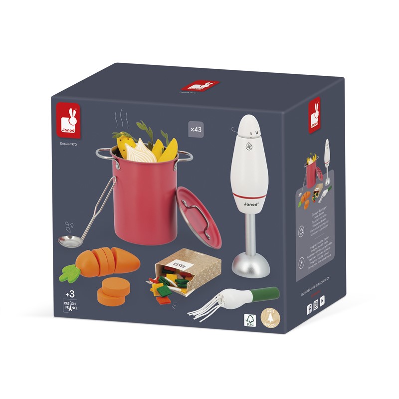 Brinquedo conjunto de cozinha Janod com panela vermelha, varinha elétrica branca e legumes de brinquedo