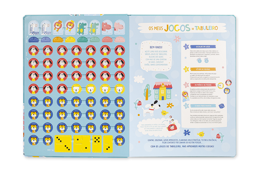 Livro infantil aberto com jogos e tabuleiro coloridos e texto em português.
