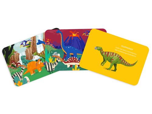Cartas coloridas com desenhos de dinossauros em paisagens pré-históricas