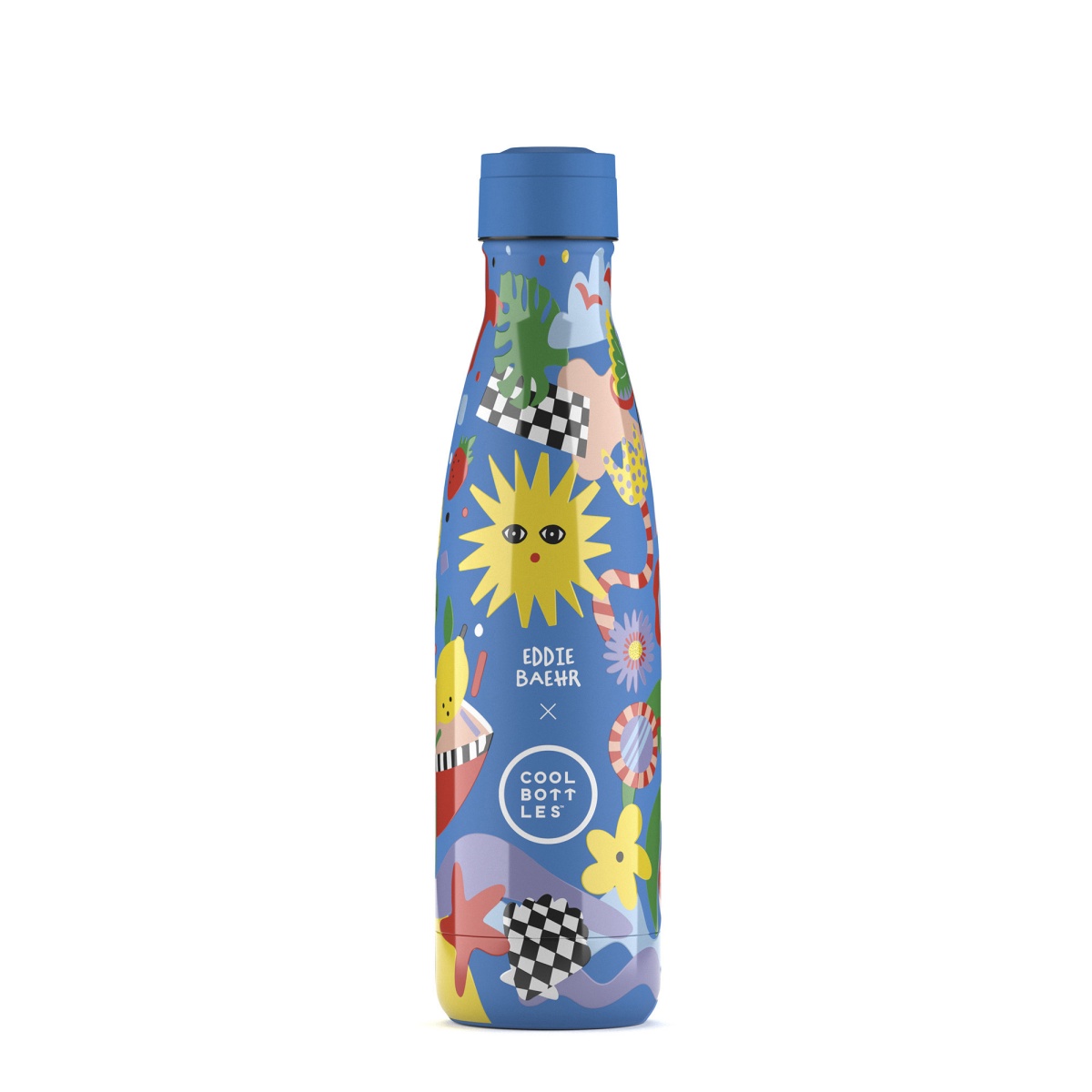garrafa térmica azul com ilustrações coloridas e texto EDDIE BAEHR x COOL BOTTLES