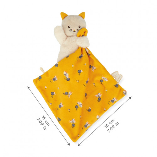 Brinquedo de gato de peluche com manta amarelo e padrão de gatos e flores