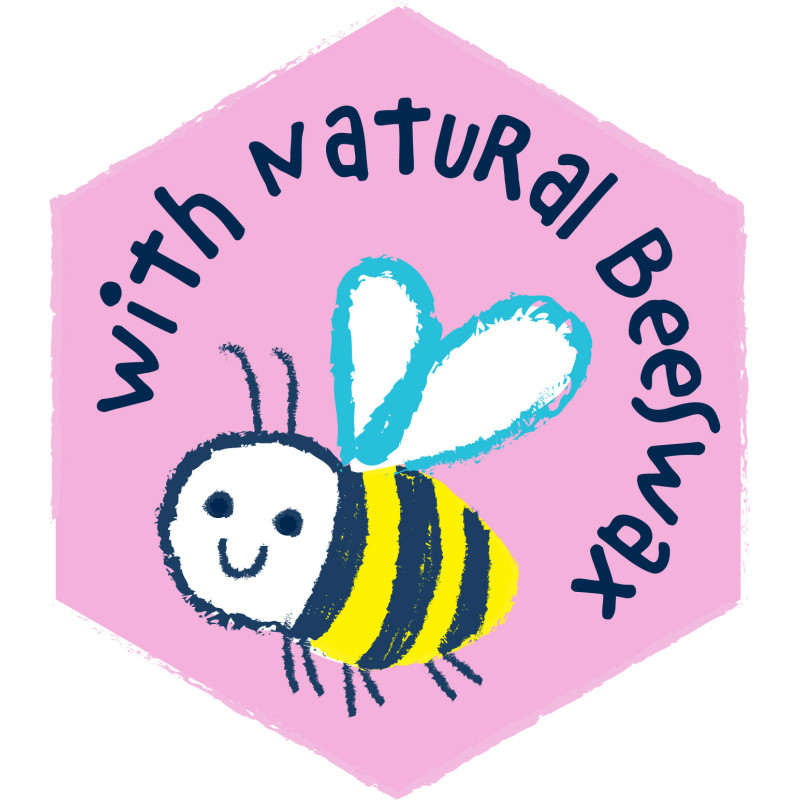 Desenho de uma abelha sorridente com fundo rosa hexagonal e texto with natural beeswax