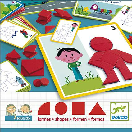Jogo educativo Djeco para aprender formas com peças vermelhas e cartões ilustrados.