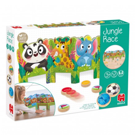 Caixa do jogo infantil Jungle Race com animais da selva e peças de madeira coloridas