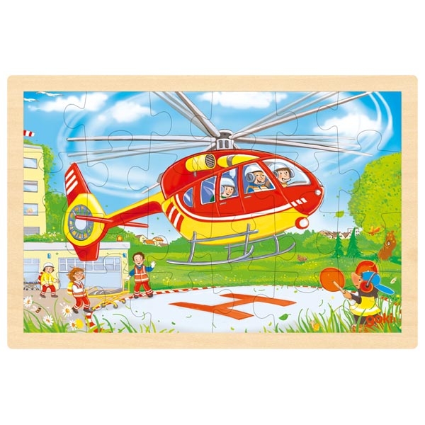 Quebra-cabeças de madeira com imagem de helicóptero e crianças a brincar