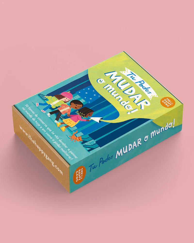 Caixa de cartão colorida com ilustrações e texto motivacional