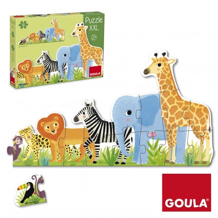 Puzzle infantil com peças grandes em forma de animais coloridos e caixa do produto