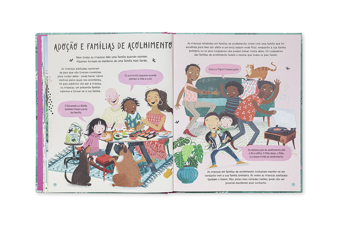 Dupla página de livro infantil ilustrado sobre adoção e famílias de acolhimento em português.