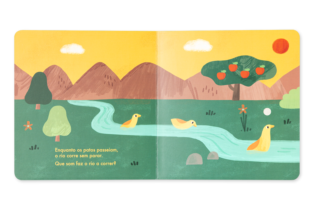Ilustração colorida no livro infantil com patos amarelos num rio e texto em português.
