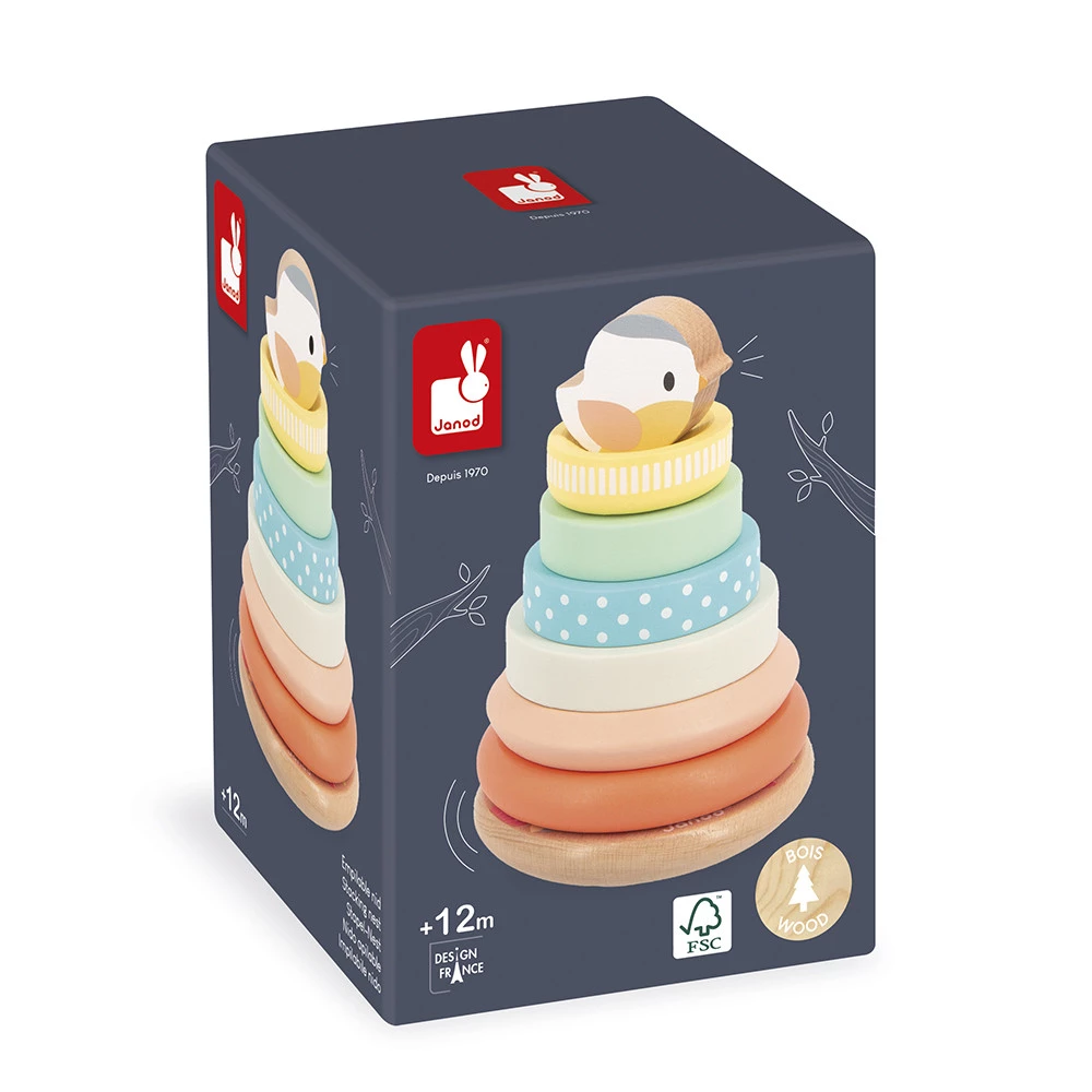 Brinquedo de empilhar em madeira com anéis coloridos e topo de pato