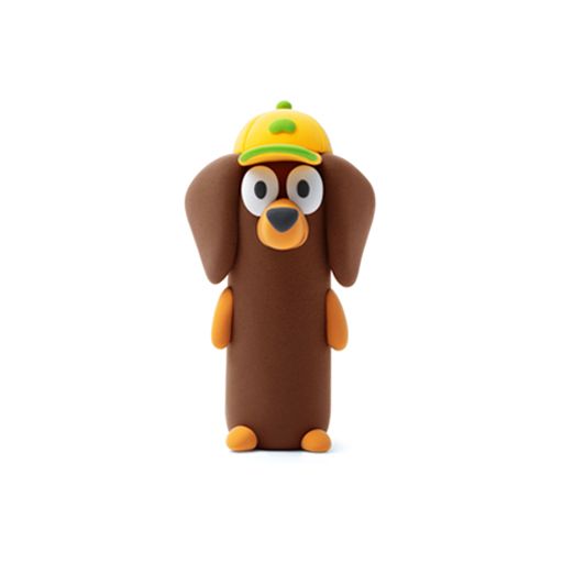 Boneco de cão castanho com chapéu amarelo