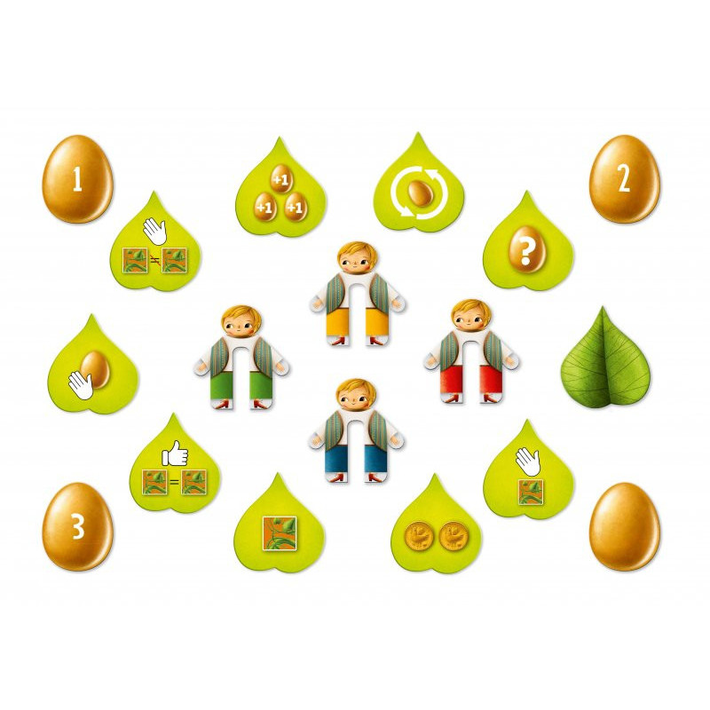 Peças de jogo com folhas verdes, figuras humanas e ovos dourados numerados