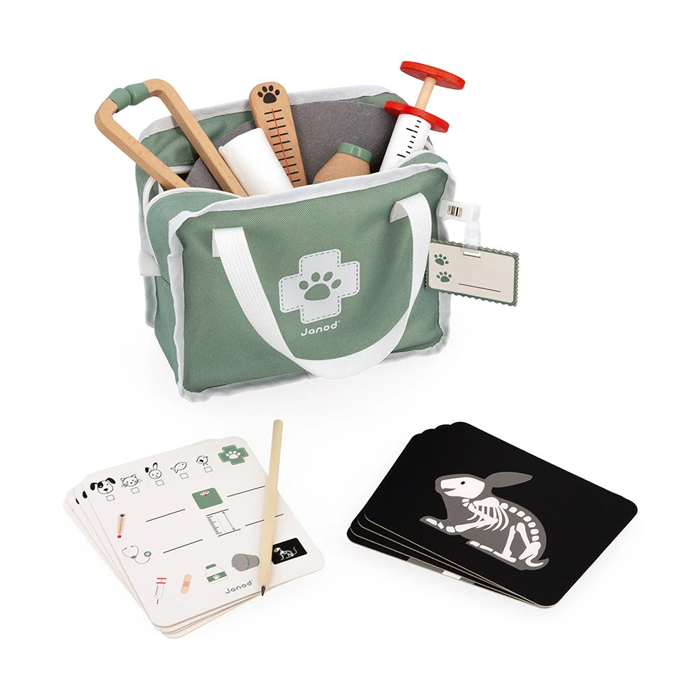 Bolsa verde e branca com brinquedos veterinários e cartões ilustrados