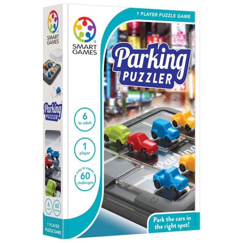 Embalagem do jogo de puzzle Parking Puzzler com carrinhos coloridos e tabuleiro cinzento