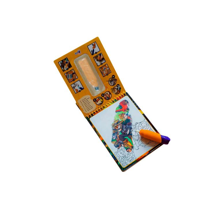 Livro de colorir aberto com dinossauro e marcador laranja