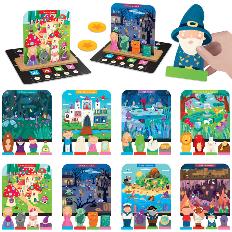 Peças de jogo infantil de madeira com personagens e cenários de contos coloridos