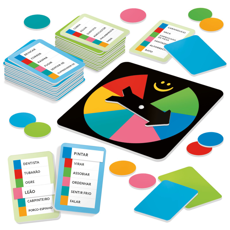 Jogo de tabuleiro com cartas, conta-giros colorido e marcadores redondos