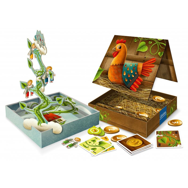 Jogo de tabuleiro infantil com peças, cartas e caixa ilustrada com galinha