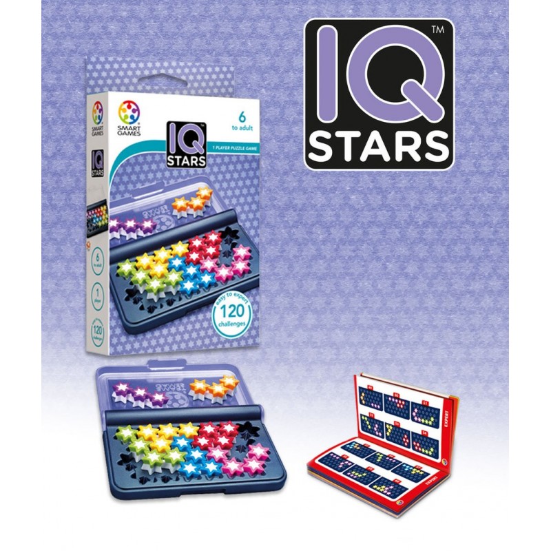 Jogo de lógica IQ Stars com tabuleiro e estrelas coloridas em caixa branca