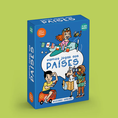 Caixa azul de jogo vamos jogar aos PAÍSES com ilustrações de crianças e cão aventureiro