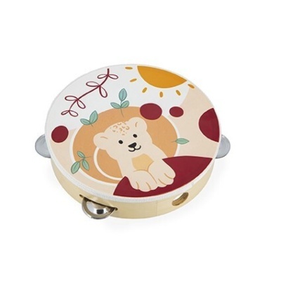 Pandeireta infantil com desenho de leão e elementos coloridos