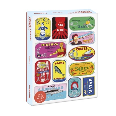 Caixa de puzzle com ilustrações de latas antigas de conservas de peixe