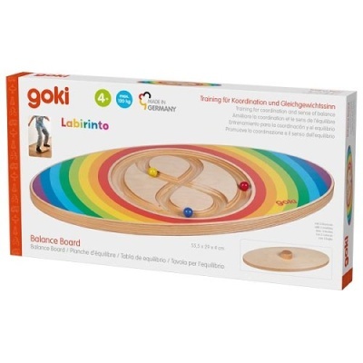 Tabuleiro de equilíbrio oval de madeira com padrão em arco-íris e bolas coloridas numa pista central numa embalagem branca.
