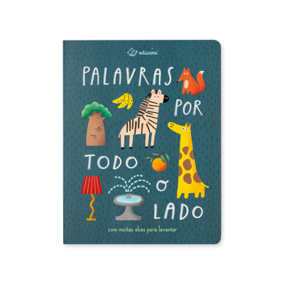Capa azul de livro infantil com animais e objetos coloridos e texto em português