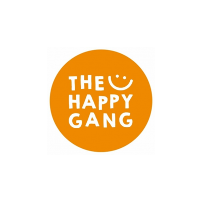 Logótipo circular laranja com texto THE HAPPY GANG e sorriso estilizado em branco