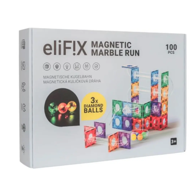 Caixa do jogo eliFIX Magnetic Marble Run com peças magnéticas coloridas e 3 esferas DIAMOND BALLS