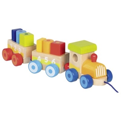 Comboio de brinquedo de madeira colorida com blocos numerados