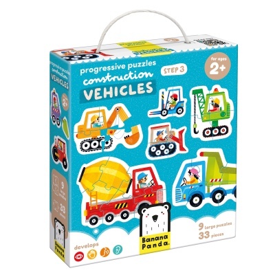 Caixa de puzzles de construção de veículos para crianças com 9 puzzles grandes e 33 peças, colorida, com alça branca