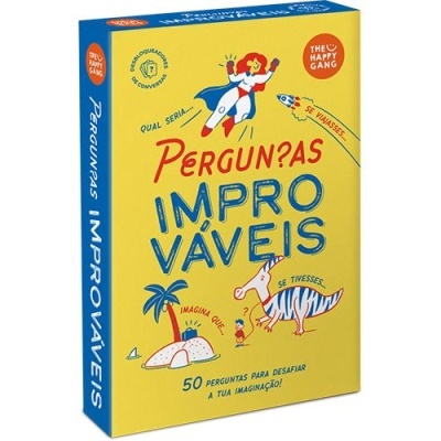 Embalagem amarela e azul do produto 'PERGUN?PAS IMPROVÁVEIS' com ilustrações coloridas