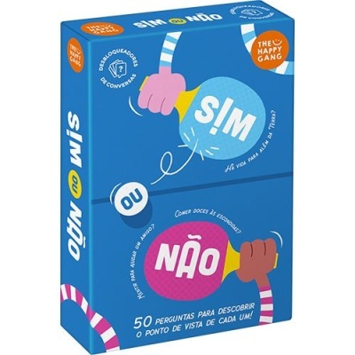 Caixa azul de jogo com balões de fala e texto em português