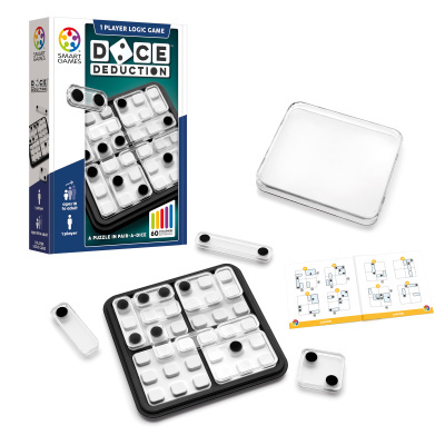 Jogo de lógica Dice Deduction com peças transparentes e tabuleiro branco