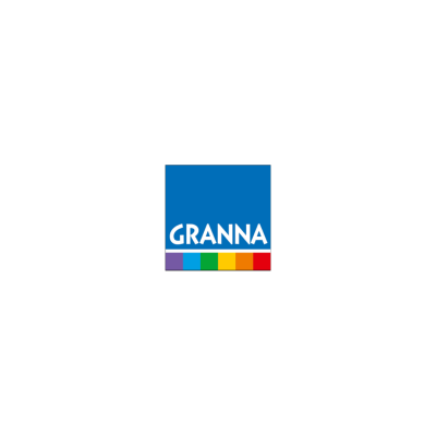 Logotipo GRANNA com cores azul, branco e quadrados coloridos embaixo