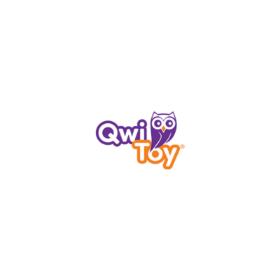 Logótipo da marca Qwi Toy com coruja roxa e texto em roxo e laranja