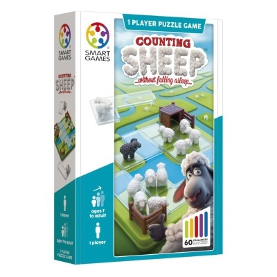 Caixa do jogo de puzzle Counting Sheep da Smart Games com peças de ovelhas e cenário colorido