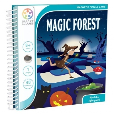 Capa do jogo de puzzle magnético Magic Forest com ilustração de floresta, bruxa e gato preto
