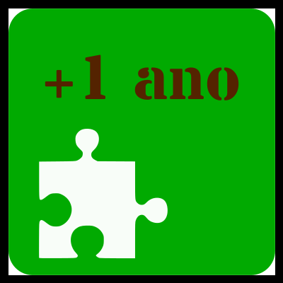 Ícone de peça de puzzle branca e texto '+1 ano' em fundo verde
