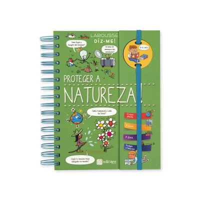 Livro verde 'Proteger a Natureza' com encadernação em espiral e elástico azul