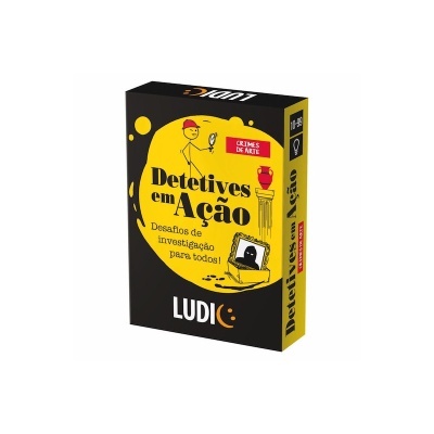 Caixa do jogo Detetives em Ação com cores preta e amarela