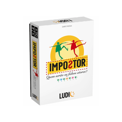 Caixa de jogo IMPOSTOR com personagens coloridas e texto em português.