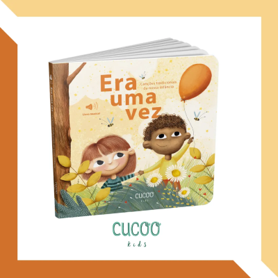 Capa de livro infantil musical 'Era uma vez' com ilustração de crianças, flores e balão