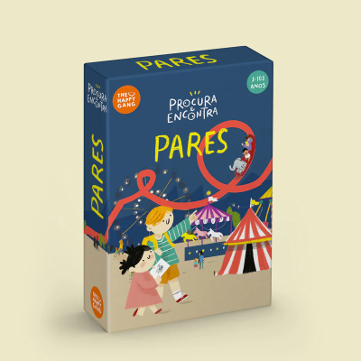 Caixa de jogo de cartas Procura & Encontra Pares da The Happy Gang com ilustração